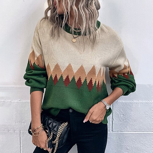 

Women's Jumper Crochet Knit Knitted Argyle Crew Neck Stylish Casual Outdoor Daily Winter Fall Green Blue S M L / Long Sleeve / Regular Fit / Going out