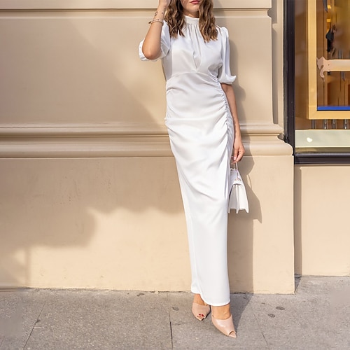 

Women's Satin Dress Sheath Dress Maxi long Dress White Blue Purple Yellow Fuchsia Half Sleeve Pure Color Ruched Fall Winter Stand Collar Classic Modern Puff Sleeve 2022 S M L XL