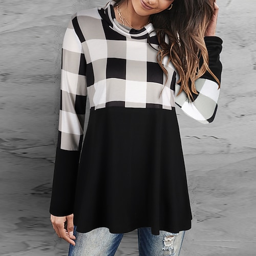 

Women's Sweatshirt Pullover Active Basic Black Red Plaid Street Pile Neck Long Sleeve S M L XL 2XL