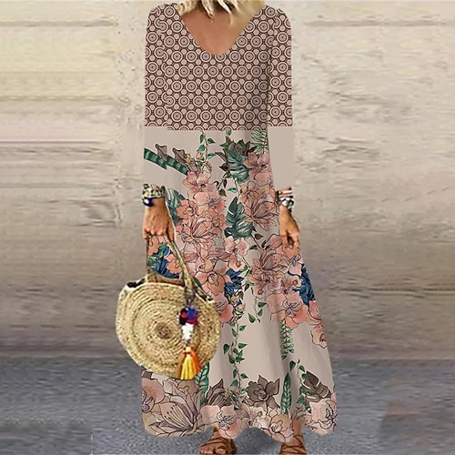 

Women's T Shirt Dress Tee Dress Swing Dress Long Dress Maxi Dress Green Blue Khaki Long Sleeve Floral Patchwork Winter Fall Autumn V Neck Winter Dress Weekend Fall Dress 2022 S M L XL XXL 3XL 4XL 5XL