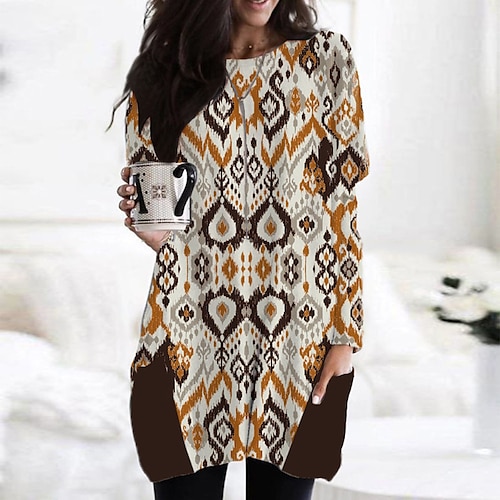 

Women's Casual Dress Short Mini Dress Short Mini Dress Beige Long Sleeve Geometric Pocket Fall Winter Round Neck Casual 2022 XS S M L XL XXL 3XL 4XL 5XL 6XL