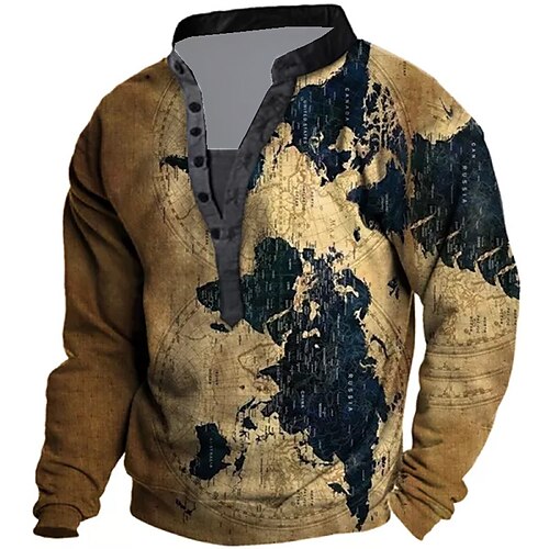 

Men's Unisex Sweatshirt Pullover Button Up Hoodie Map Graphic Prints Print Casual Daily Sports 3D Print Streetwear Designer Casual Clothing Apparel Hoodies Sweatshirts Long Sleeve Army Green Brown