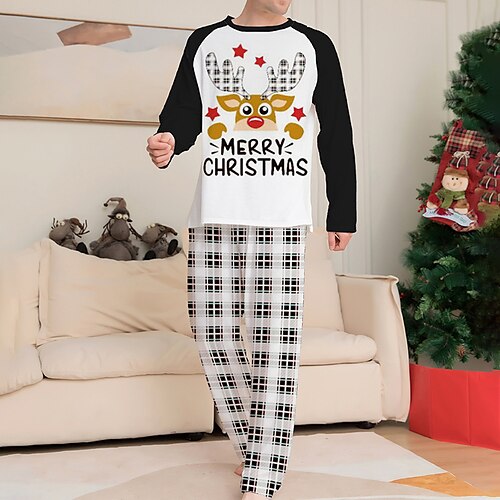 

Men's Christmas Pajamas Sleepwear Pajama Set Pajama Top and Pant 2 Pieces Elk Grid / Plaid Fashion Comfort Soft Home Christmas Bed Cotton Blend Breathable Crew Neck Long Sleeve Basic Winter Fall White