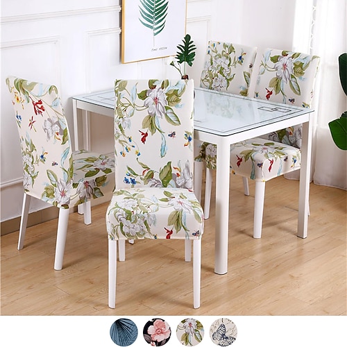 

Stretch Kitchen Chair Cover Slipcover Blue For Dinning Party Hotel Plants Floral Yarn Dyed Polyester Soft Durable Removable Washable