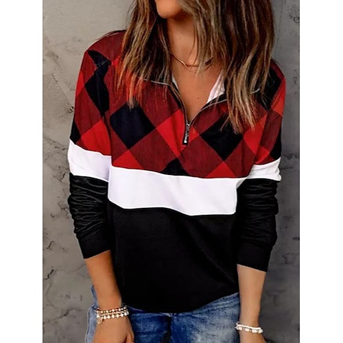 

Women's Blouse Shirt Red Plaid Color Block Quarter Zip Print Long Sleeve Daily Weekend Streetwear Casual Standing Collar Regular Cotton S / 3D Print