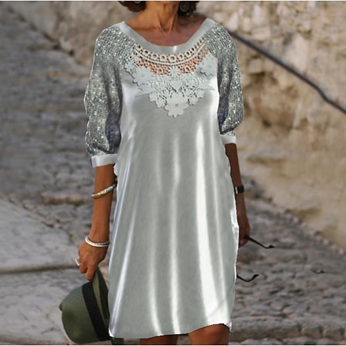 

Women's Sequin Dress Shift Dress Knee Length Dress Silver Half Sleeve Pure Color Hollow Out Fall Winter Crew Neck Casual Modern 2022 S M L XL 2XL 3XL