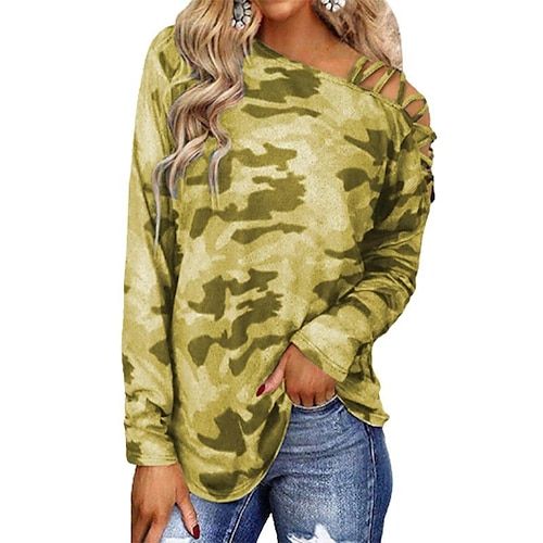 

Women's T shirt Tee Blue Yellow Red Camo Print Long Sleeve Daily Weekend Basic One Shoulder Regular Painting S