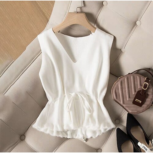 

Women's Sweater Vest Jumper Ribbed Knit Lace up Knitted Solid Color V Neck Stylish Casual Outdoor Daily Winter Fall Beige White One-Size / Sleeveless / Sleeveless / Regular Fit / Going out