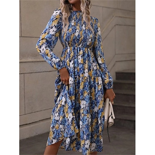 

Women's Swing Dress Midi Dress Green Blue Long Sleeve Floral Print Winter Fall Autumn Crew Neck Romantic Winter Dress Fall Dress Loose Fit 2022 S M L XL