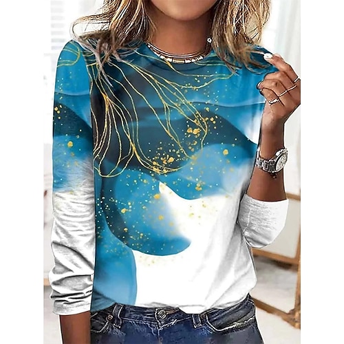 

Women's T shirt Tee Green Blue White Graphic Print Long Sleeve Daily Weekend Basic Round Neck Regular Abstract Painting S