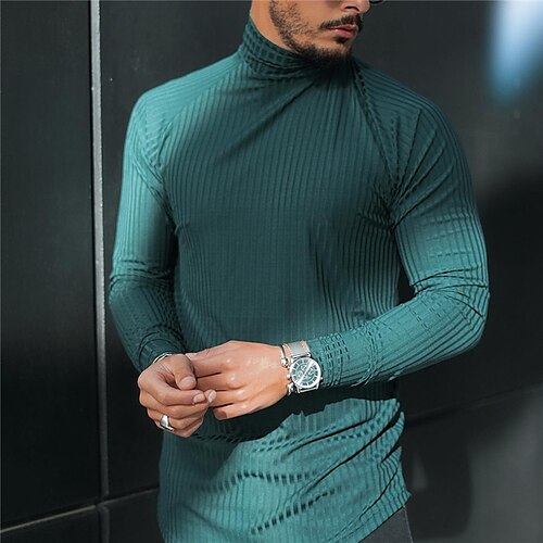 

Men's T shirt Tee Striped Turtleneck Green 3D Print Outdoor Street Long Sleeve Print Clothing Apparel Basic Streetwear Designer Comfortable