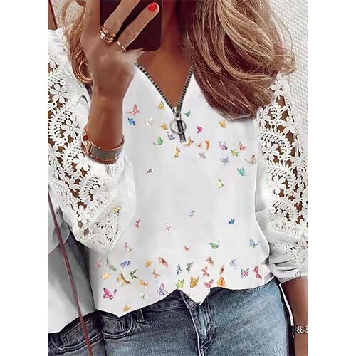 

2022 long-sleeved pullover white shirt lantern sleeve temperament commuter printed shirt