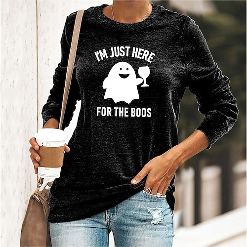 

Women's T shirt Tee Green Black Blue Graphic Letter Print Long Sleeve Halloween Casual Basic Round Neck Regular Cotton Floral S
