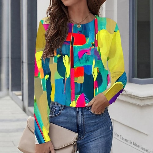 

Women's T shirt Tee Yellow Graphic Graffiti Print Long Sleeve Casual Daily Vintage Round Neck Regular Painting S / 3D Print