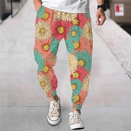 

Men's Joggers Trousers Beach Pants Drawstring Elastic Waist 3D Print Graphic Prints Flower / Floral Comfort Breathable Sports Outdoor Casual Daily Streetwear Designer Green Purple Micro-elastic