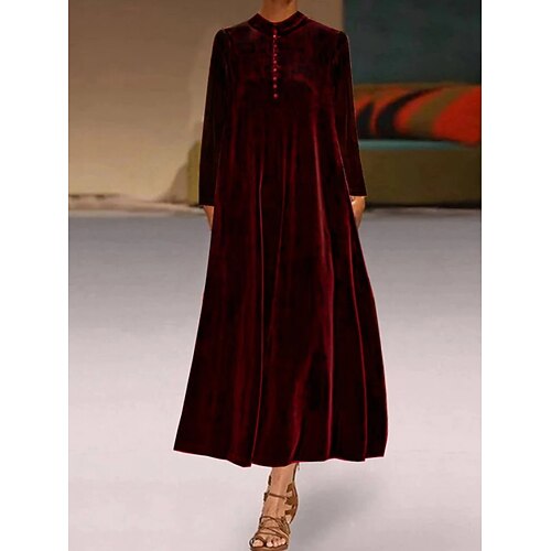 

Women's Long Dress Maxi Dress Wine Long Sleeve Pure Color Ruched Winter Fall Autumn Crew Neck Winter Dress Weekend Fall Dress 2022 S M L XL 2XL 3XL