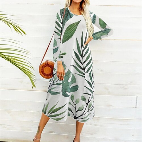 

Women's Casual Dress Shift Dress Midi Dress Green Blue Light Blue Long Sleeve Print Print Fall Winter Crew Neck Fashion Casual 2022 S M L XL XXL