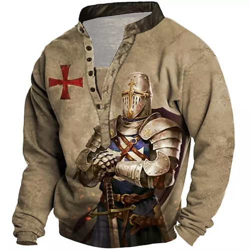 

Men's Unisex Sweatshirt Pullover Button Up Hoodie Brown Standing Collar Knights Templar Graphic Prints Print Casual Daily Sports 3D Print Streetwear Designer Casual Spring Fall Clothing Apparel