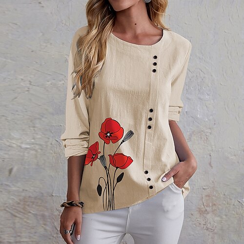 

Women's T shirt Tee Floral Holiday Weekend Floral Painting T shirt Tee Long Sleeve Button Print Round Neck Basic Blue Khaki S / 3D Print
