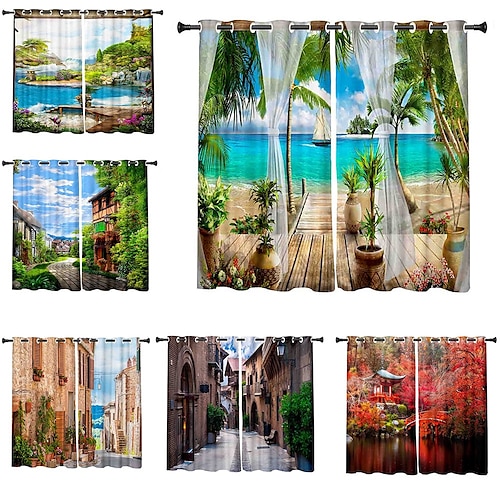 

3D Print Blackout Curtain Feather Print Curtain Drapes for Living Room Thermal Insulated Grommet Window Curtains for Bedroom 1 set / PVC Bag Natural scenery Woods Trees Towers