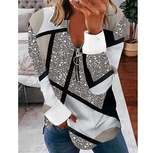

Women's Shirt Silver Geometric Quarter Zip Print Long Sleeve Casual Weekend Streetwear V Neck Regular Geometric S / 3D Print
