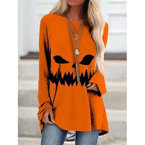 

Women's Blouse Shirt Blue Yellow Orange Graphic Pumpkin Print Long Sleeve Halloween Weekend Streetwear Casual Round Neck Long S / 3D Print