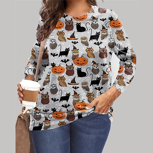 

Women's Plus Size Tops Pullover Sweatshirt Cat Pumpkin Print Long Sleeve Crewneck Vintage Casual Halloween Halloween Daily Microfiber Fall Winter Gray