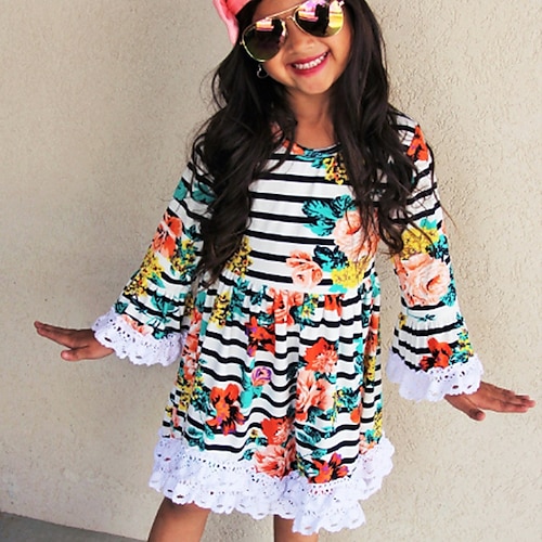 

Kids Little Girls' Dress Striped A Line Dress School Daily White Beautiful Cute Dresses Fall Winter 2-8 Years