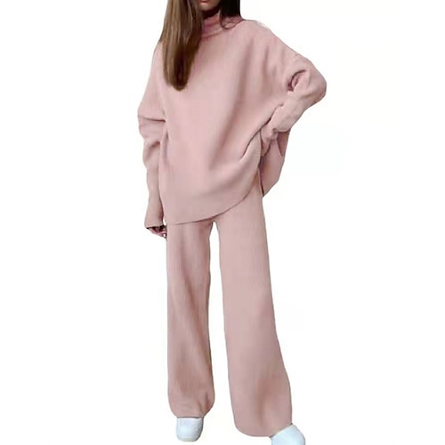 

Women's Plus Size Loungewear Sets Winter Nighty 2 Pieces Pure Color Fashion Comfort Soft Home Going out Airport Knit Warm Stand Collar Long Sleeve Sweater Winter Fall Blue Pink