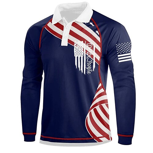 

Men's Collar Polo Shirt Golf Shirt National Flag Turndown Navy Blue 3D Print Outdoor Street Long Sleeve Button-Down Print Clothing Apparel Fashion Designer Casual Breathable