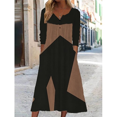 

Women's A Line Dress Midi Dress Brown Half Sleeve Color Block Patchwork Fall Winter V Neck Stylish Modern 2022 S M L XL 2XL 3XL