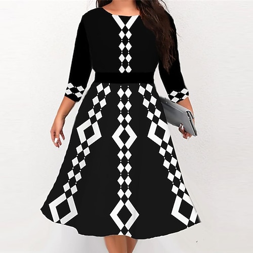 

Women's Plus Size Work Dress Geometric Crew Neck 3/4 Length Sleeve Fall Winter Work Elegant Midi Dress Formal Going out Dress