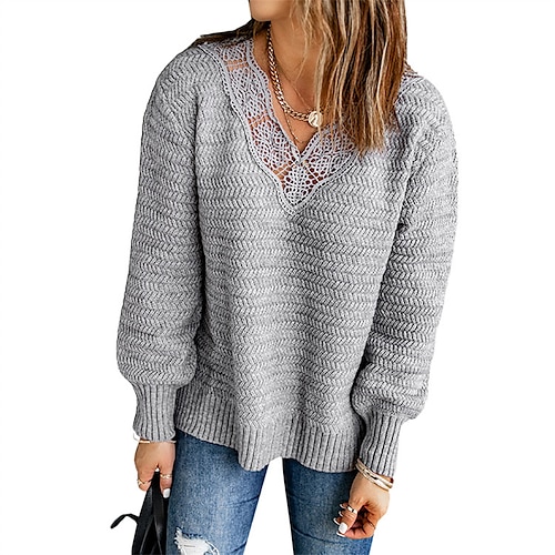 

Women's Pullover Sweater jumper Jumper Ribbed Knit Knitted Lace Trims Pure Color V Neck Stylish Casual Outdoor Daily Winter Fall Khaki Gray S M L / Long Sleeve / Regular Fit / Going out