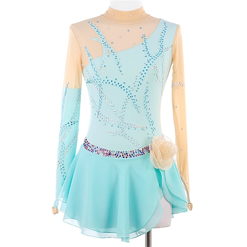 

Figure Skating Dress Women's Girls' Ice Skating Dress White Blue Thumbhole Spandex High Elasticity Training Competition Skating Wear Handmade Crystal / Rhinestone Long Sleeve Ice Skating Figure