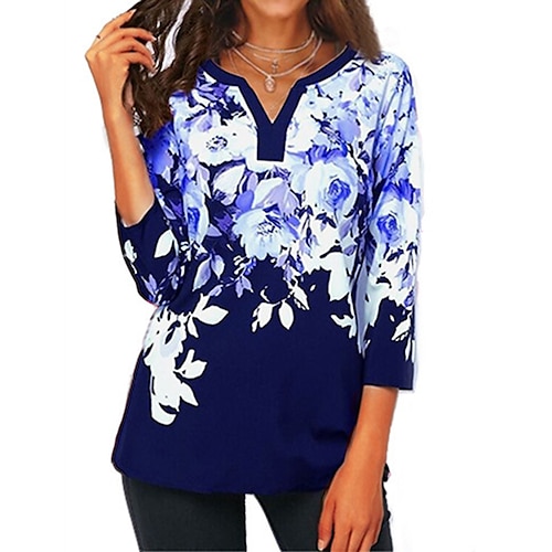 

Women's Shirt Blue Purple Red Floral Print 3/4 Length Sleeve Holiday Weekend Streetwear Casual V Neck Regular Floral S / 3D Print