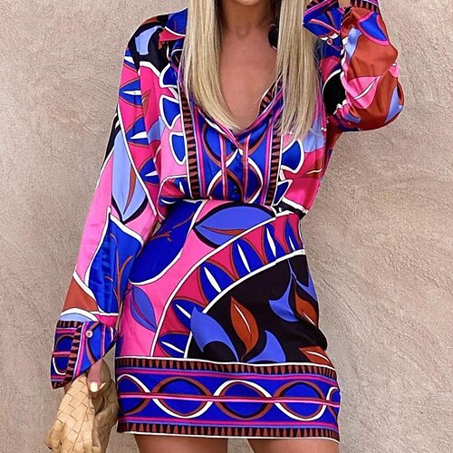 

Damen Zweiteiliges Kleid Bodycon Purpur Rosa Langarm Blumen Bedruckt Winter Herbst Hemdkragen Modisch winterkleider damen Wochenende herbstkleider Lockere Passform 2022 S M L XL
