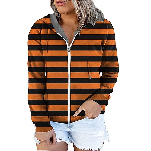 

Women's Plus Size Tops Hoodie Sweatshirt Striped Zipper Print Long Sleeve Hooded Casual Halloween Halloween Vacation Polyester Fall Winter Orange