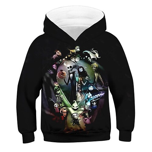 

Kids Boys Halloween Hoodie Skull Outdoor 3D Print Long Sleeve Pocket Active 3-13 Years Winter Black