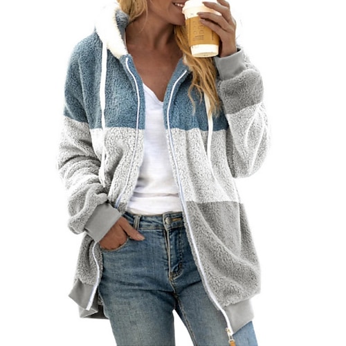 

Women's Teddy Coat Warm Breathable Holiday Daily Wear Vacation Going out Patchwork Zipper Pocket Zipper Hoodie Casual Comfortable Street Style Color Block Regular Fit Outerwear Long Sleeve Winter Fall