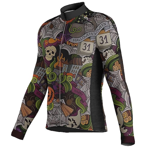 

21Grams Men's Cycling Jersey Long Sleeve Bike Top with 3 Rear Pockets Mountain Bike MTB Road Bike Cycling Breathable Quick Dry Moisture Wicking Reflective Strips Green Skull Halloween Polyester