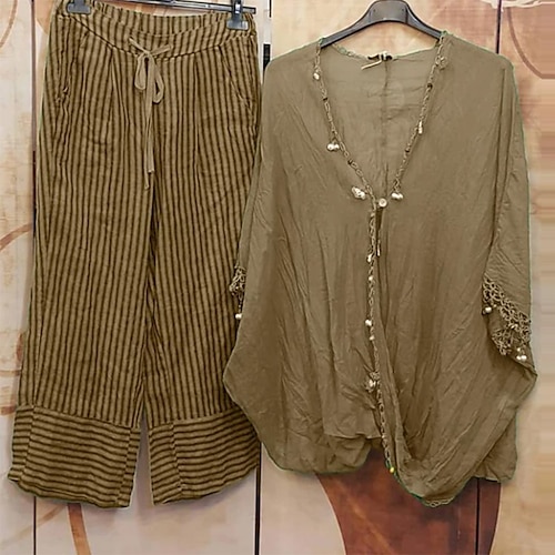 

Women's Plus Size Tops Set Line Button Print 3/4 Length Sleeve V Neck Streetwear Casual Daily Vacation Polyester Fall Winter Brown