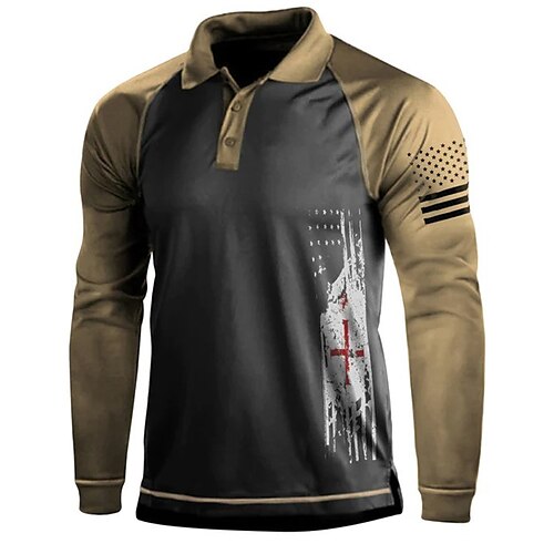 

Men's Collar Polo Shirt Golf Shirt Cross National Flag Turndown Army Green Khaki 3D Print Outdoor Street Long Sleeve Button-Down Print Clothing Apparel Fashion Designer Casual Breathable