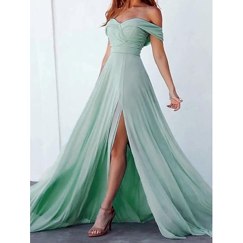 

A-Line Bridesmaid Dress Off Shoulder Short Sleeve Elegant Sweep / Brush Train Chiffon with Split Front / Solid Color 2022