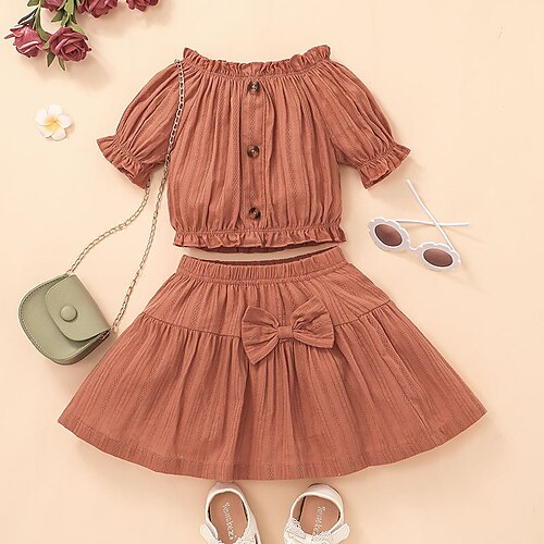 

2 Pieces Kids Girls' T-shirt & Skirt Clothing Set Outfit Solid Color Short Sleeve Cotton Set Street Active Daily Spring Summer 2-6 Years Brick red