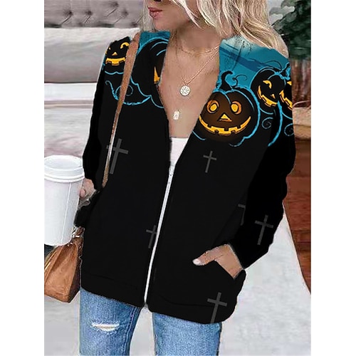 

Women's Hoodie Jacket Warm Breathable Outdoor Halloween Daily Wear Going out Zipper Pocket Print Zipper Hoodie Vintage Sports Comfortable Street Style Pumpkin Regular Fit Outerwear Long Sleeve Winter