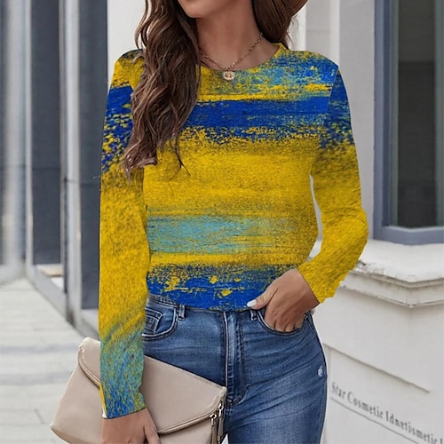 

Women's T shirt Tee Yellow Graphic Geometric Print Long Sleeve Casual Daily Vintage Round Neck Regular Geometric Painting S / 3D Print