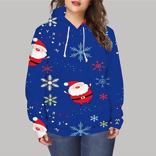 

Women's Plus Size Christmas Tops Hoodie Sweatshirt Santa Claus Sunflower Print Long Sleeve Hooded Casual Vacation Polyester Fall Winter Blue