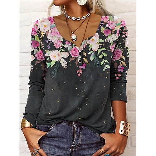 

Women's T shirt Tee Black Floral Long Sleeve Home Casual Basic U Neck Regular S / 3D Print