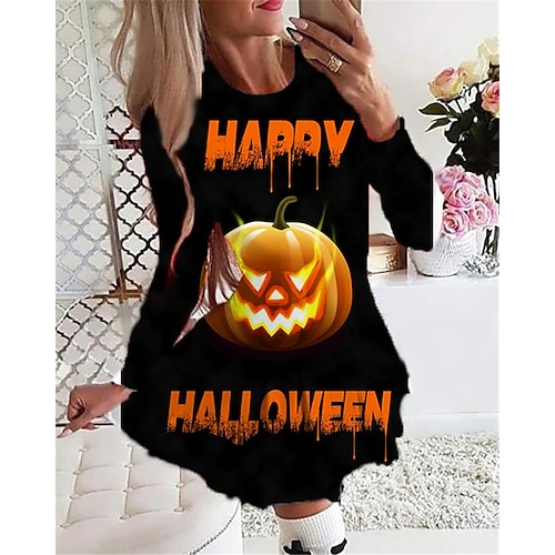 

Women's Casual Dress Swing Dress Short Mini Dress Blue Yellow Dusty Rose Royal Blue Black Long Sleeve Letter Pumpkin Print Fall Winter Round Neck Vacation Casual Halloween 2022 S M L XL 2XL 3XL 4XL