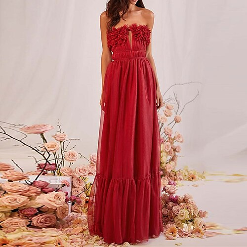 

Women's Party Dress Swing Dress Maxi long Dress Red Sleeveless Pure Color Lace Ruffle Cold Shoulder Fall Winter Strapless Party Elegant Mature 2022 S M L XL